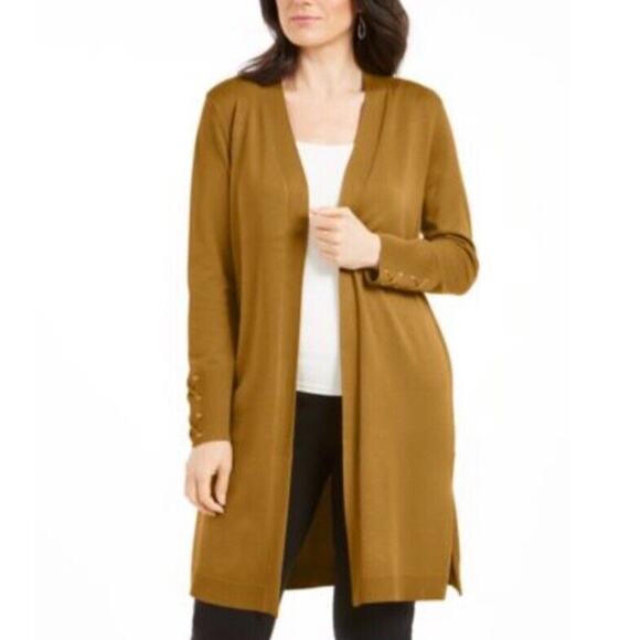 JM Collection Womens Cardigan Sweater Duster Laced Cuff Open Mustard 0 Petite - Picture 2 of 12